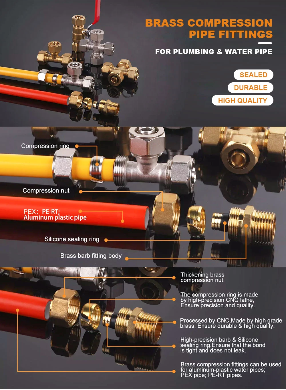 16mm X 16mm X 16mm Equal 16/18/20/25/32mm Tee Pex-Al-Pex Brass Compression Fittings for Pex-Al-Pex Multilayer Pipe